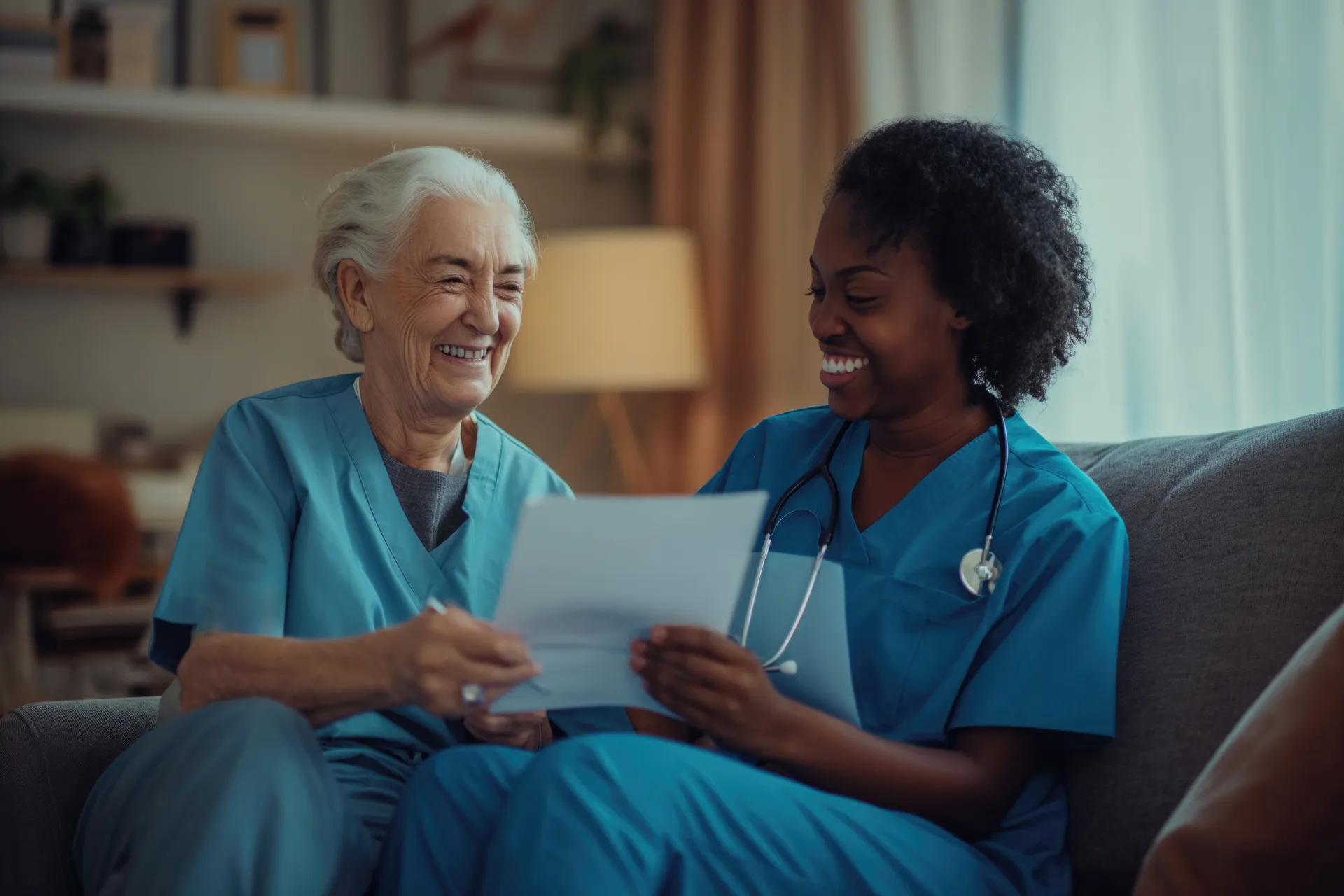 Older adults enjoying time with a care worker